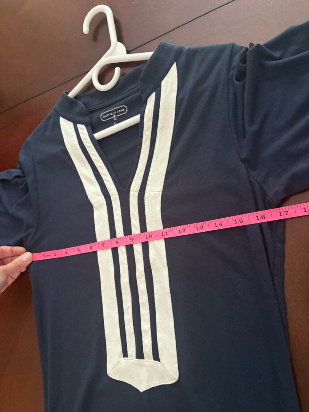 Duffield Lane Navy Tunic Dress Size Large White Trim 3/4 Sleeve Preppy Stretch - Picture 9 of 11